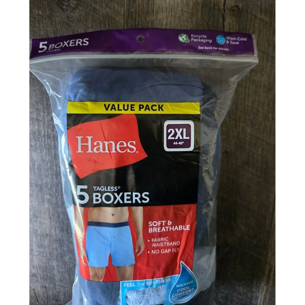 Hanes Mens Tagless Knit Boxers 5 Pack 2XL Blue Grey Black MKCBX5 New